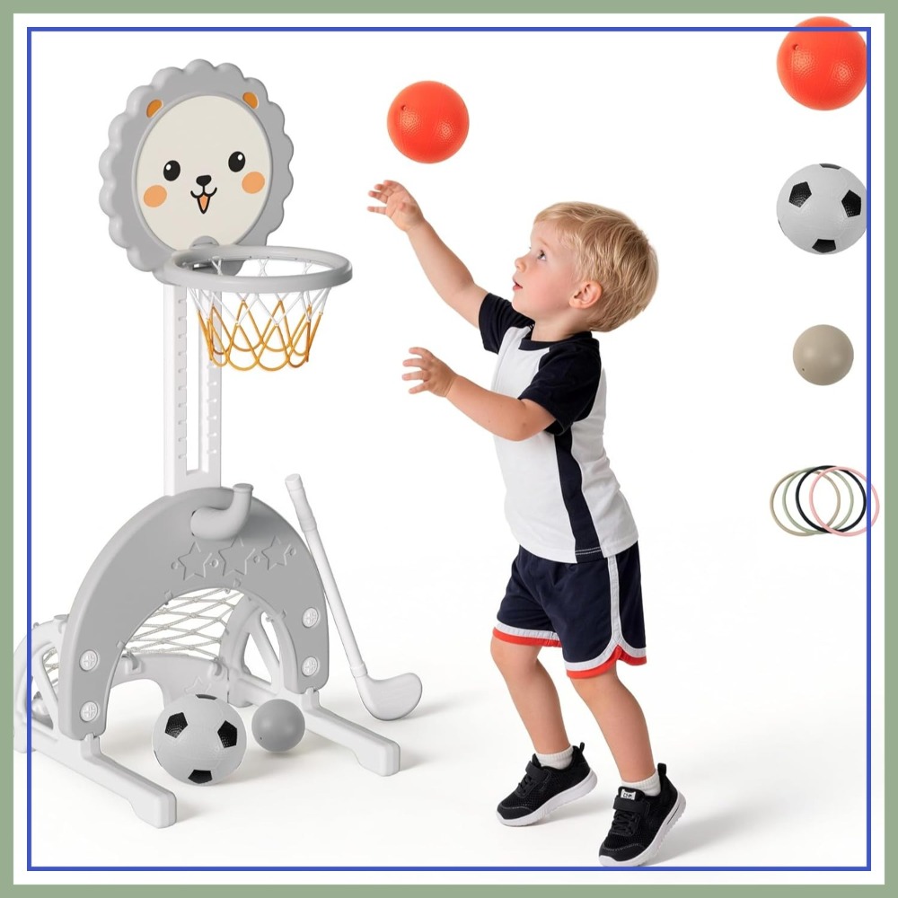 Ring Toss Outdoor - 4-in-1 Adjustable Height Basketball Hoop, Soccer,